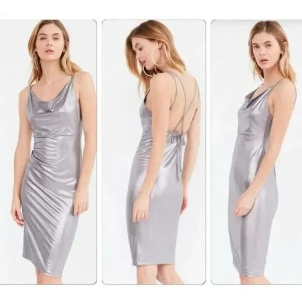 Rare London Metallic Silver Backless Strappy Dress Size Medium 6 NWT